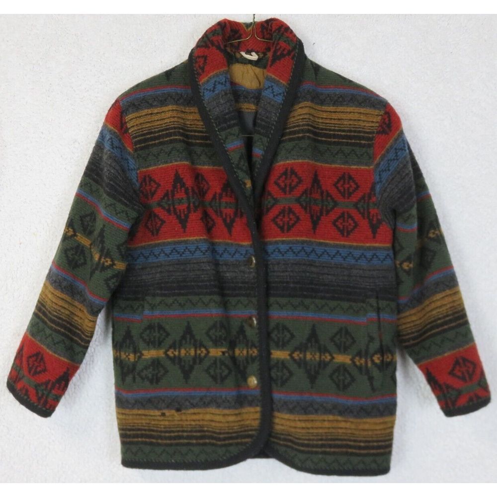 Vintage Woolrich Womens Green Nordic Aztec Southwest Boho Wool Jacket M USA 8710